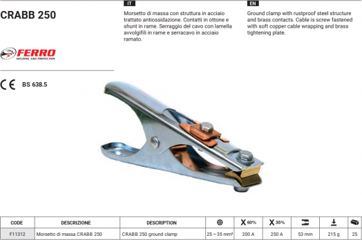 Зажим заземления 250A CRABB 250 (в уп. 25 шт)_FERRO AZIA